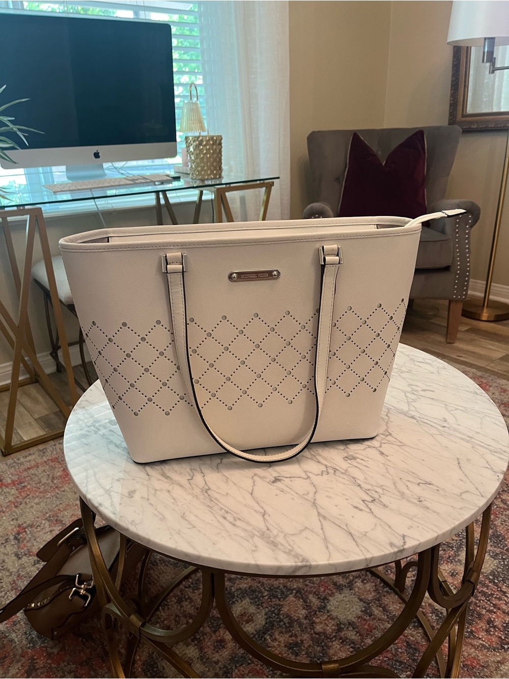 Michael Kors White Perforated Leather Tote - Picture 6 of 6